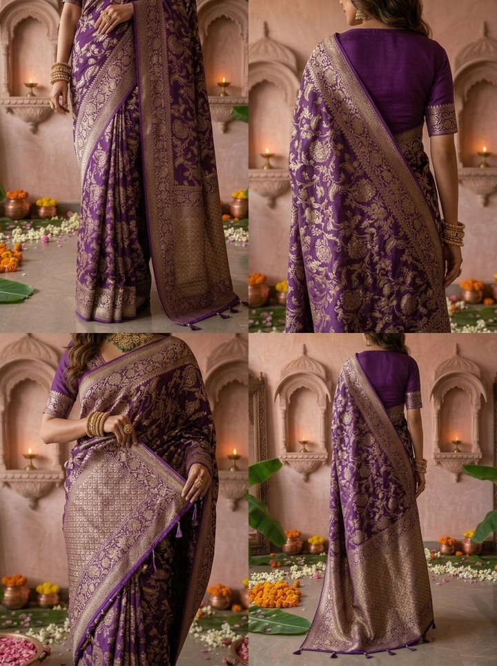 Purple Banaras Weaved Saree With Floral Design