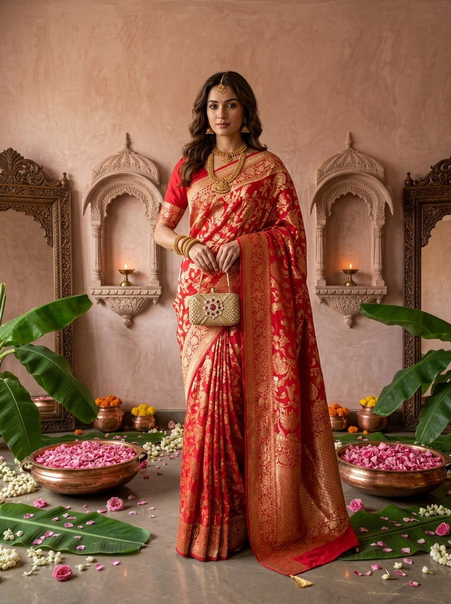 Rani Pink Banaras Weaved Saree With Floral Design