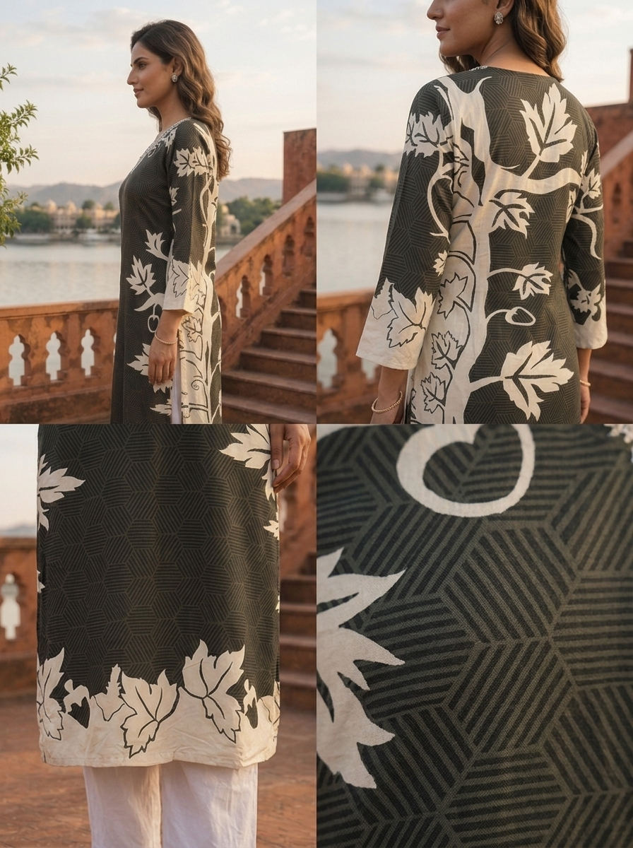 Black Rayon Geometric Botanical Printed Kurta