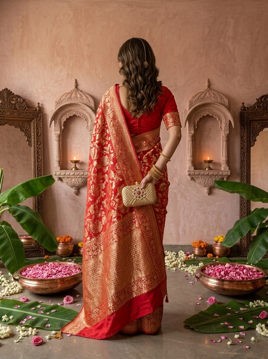 Rani Pink Banaras Weaved Saree With Floral Design
