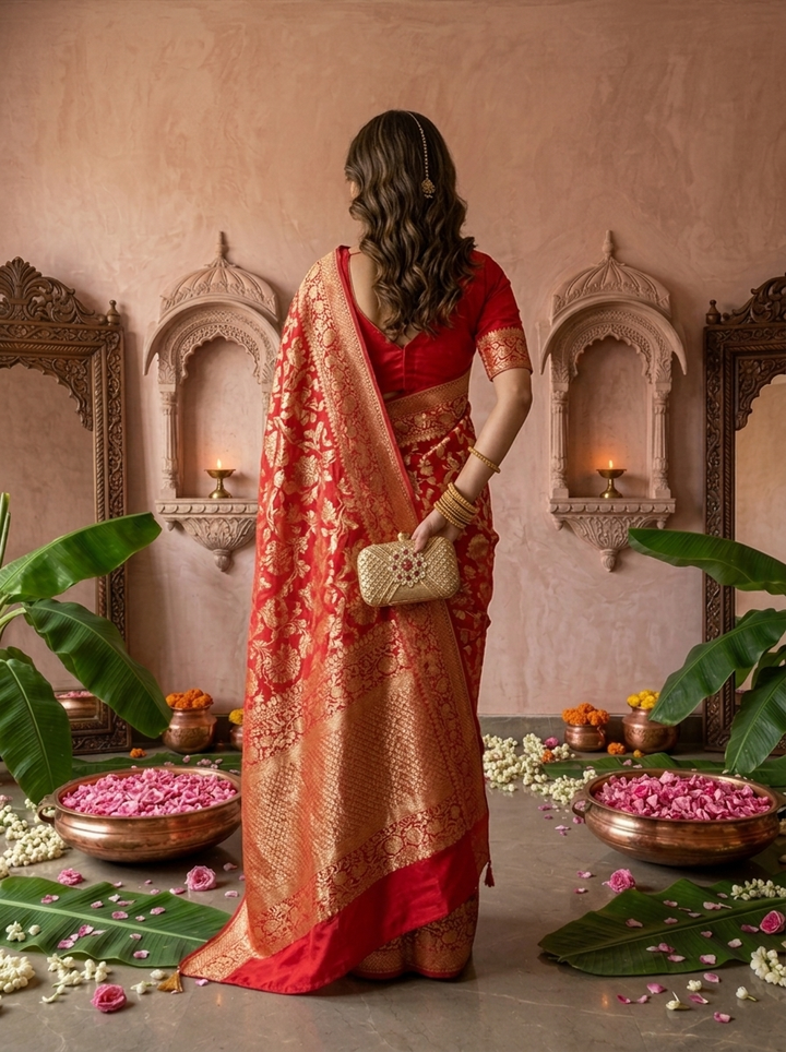 Rani Pink Banaras Weaved Saree With Floral Design