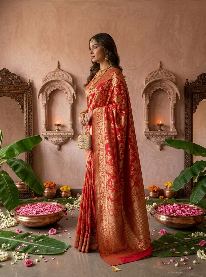 Rani Pink Banaras Weaved Saree With Floral Design