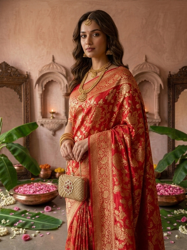 Rani Pink Banaras Weaved Saree With Floral Design