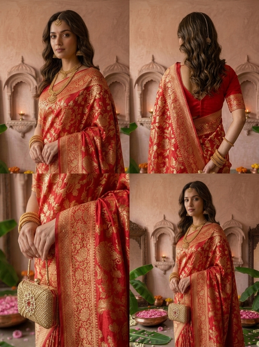Rani Pink Banaras Weaved Saree With Floral Design