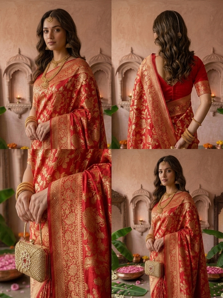 Rani Pink Banaras Weaved Saree With Floral Design