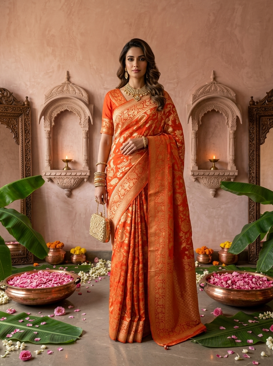 Orange Banaras Weaved Saree With Floral Design