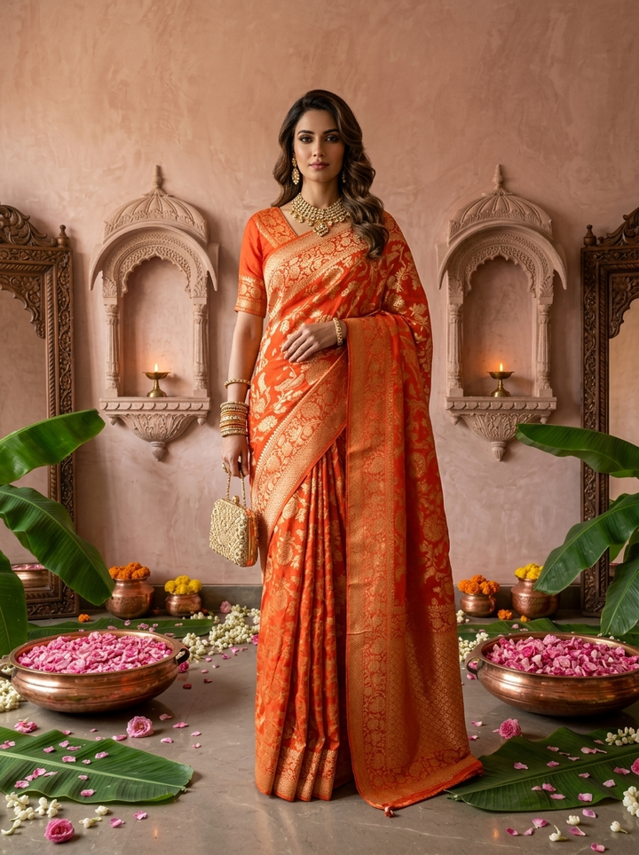 Orange Banaras Weaved Saree With Floral Design
