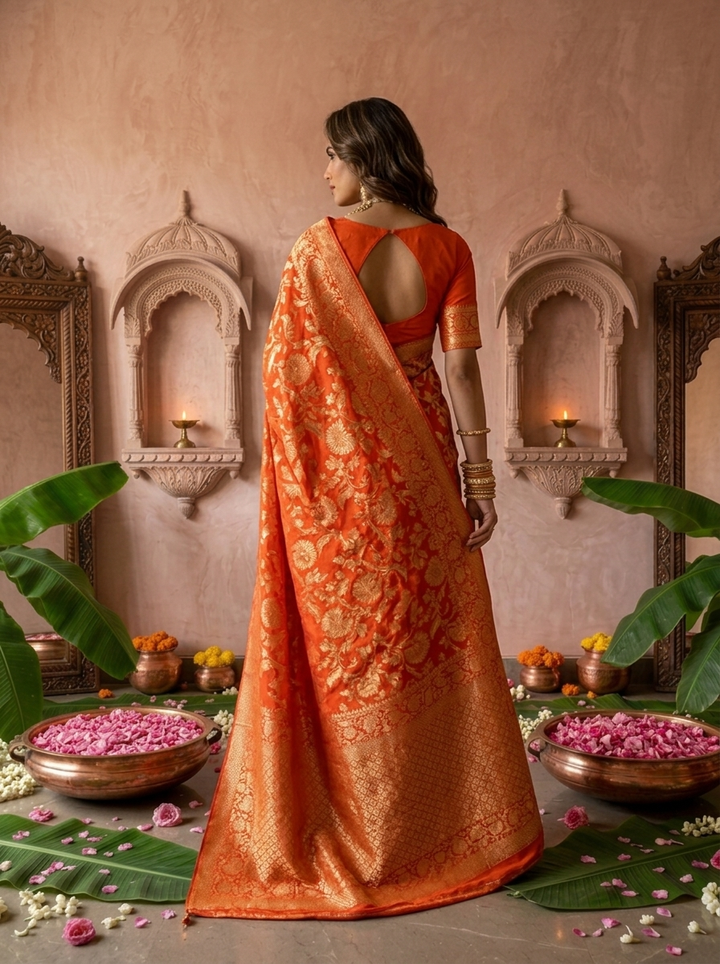 Orange Banaras Weaved Saree With Floral Design