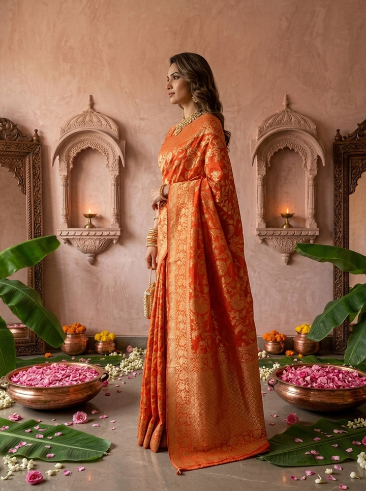 Orange Banaras Weaved Saree With Floral Design