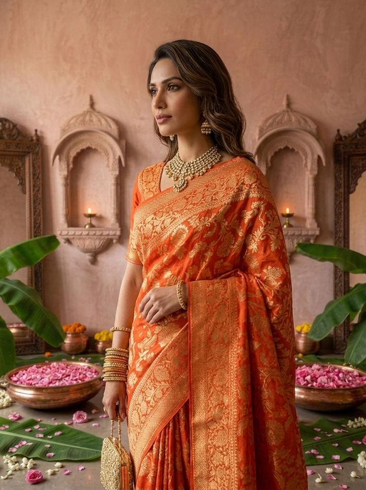 Orange Banaras Weaved Saree With Floral Design