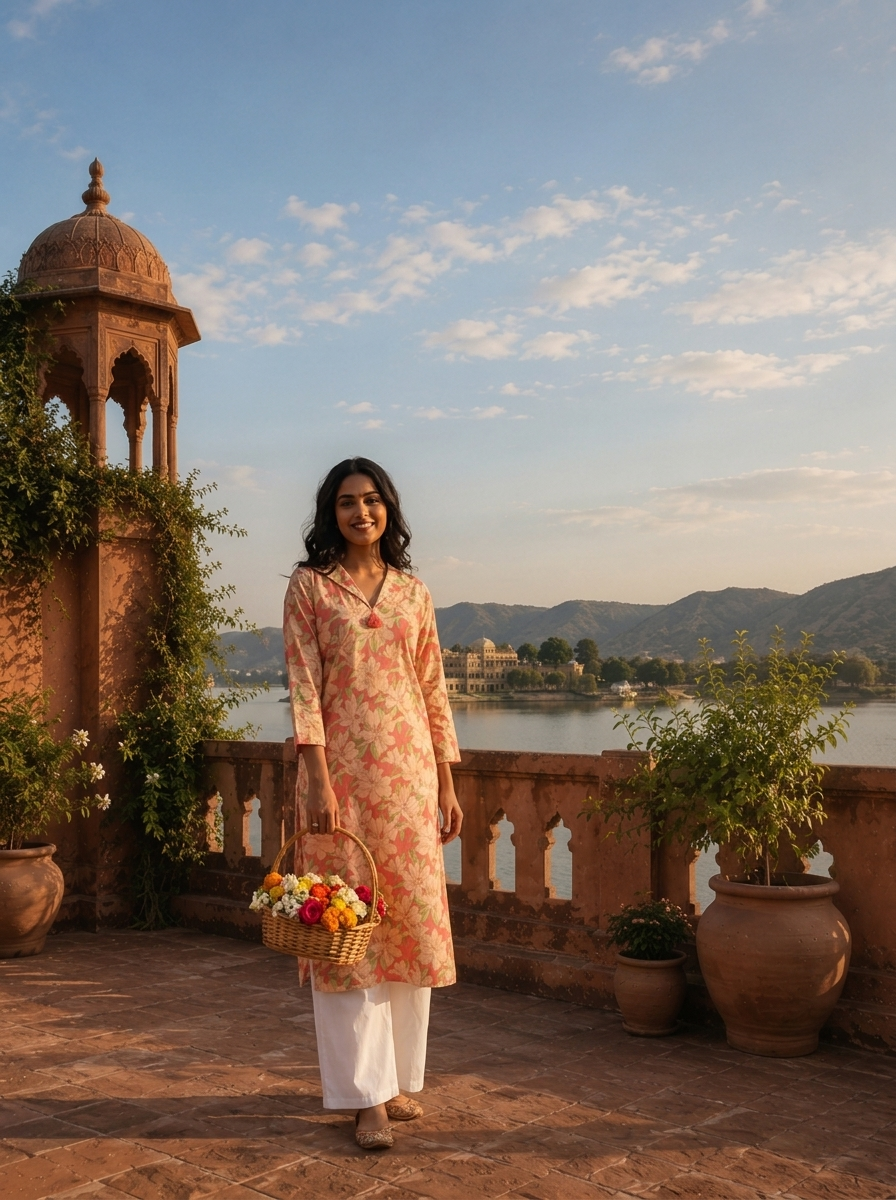 Rose Pink Cotton Lily Printed Kurta