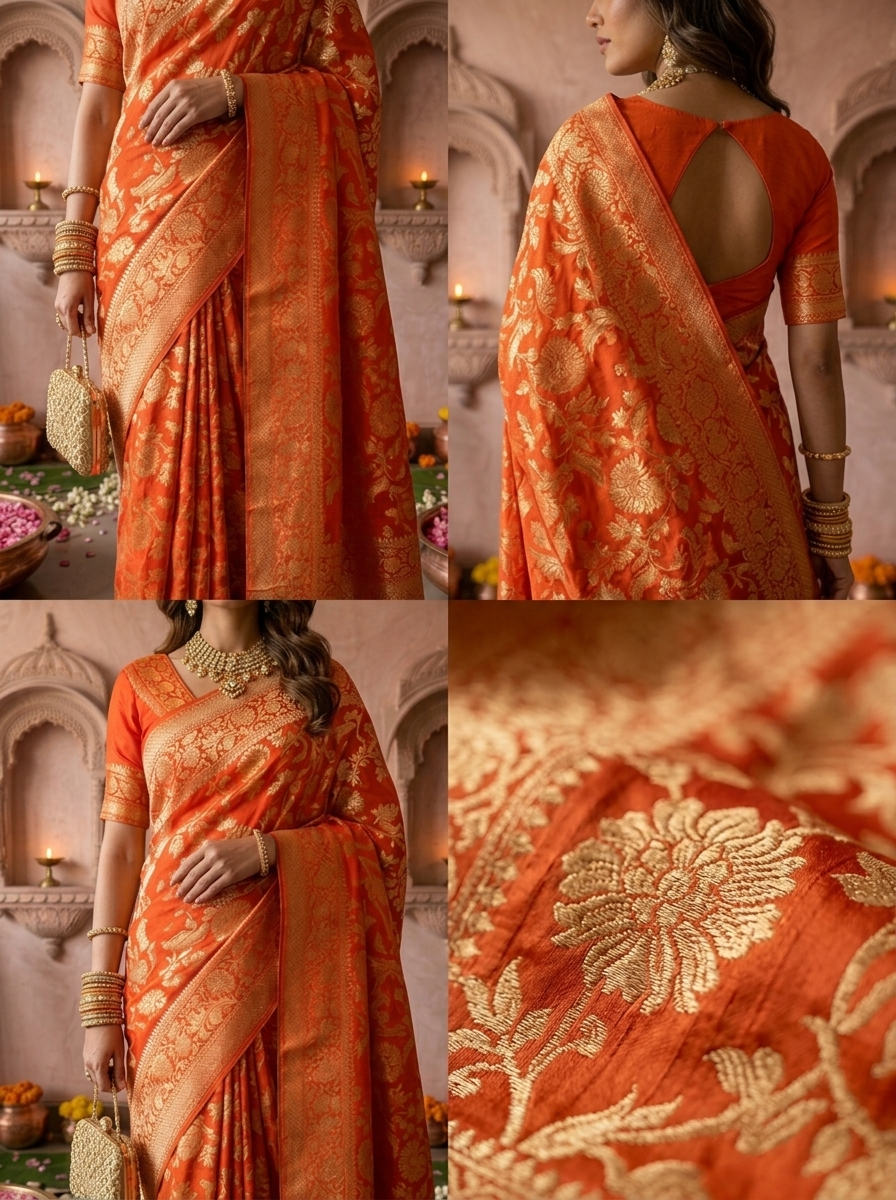 Orange Banaras Weaved Saree With Floral Design