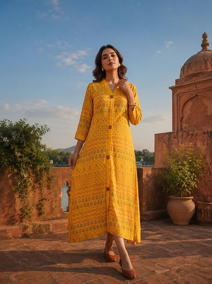 Mustard Rayon Geometric Buti Printed Kurta