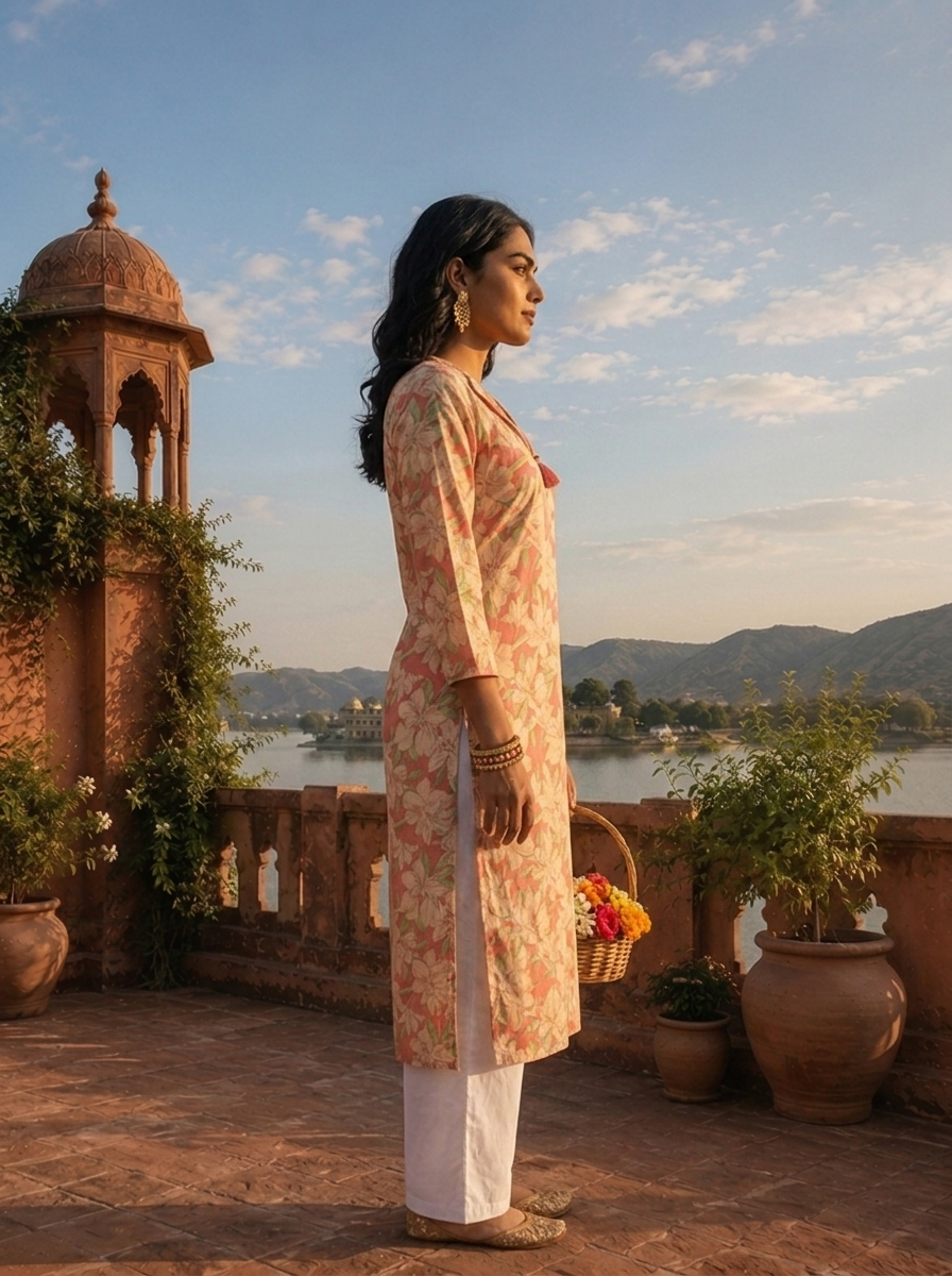 Rose Pink Cotton Lily Printed Kurta