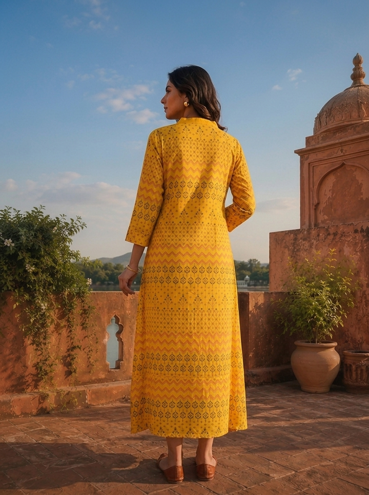 Mustard Rayon Geometric Buti Printed Kurta