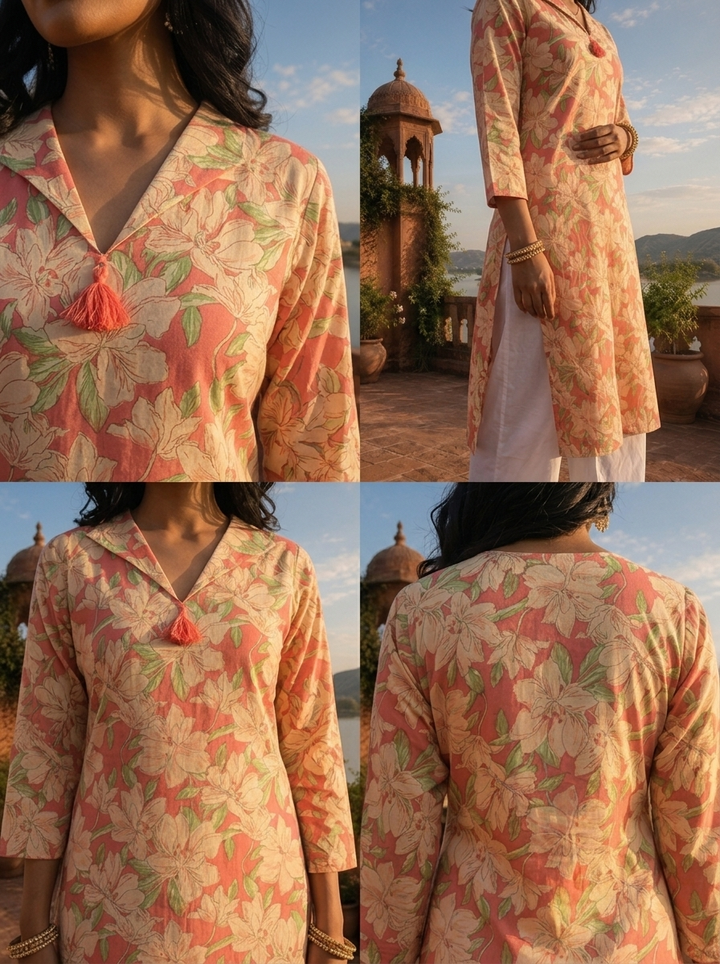 Rose Pink Cotton Lily Printed Kurta