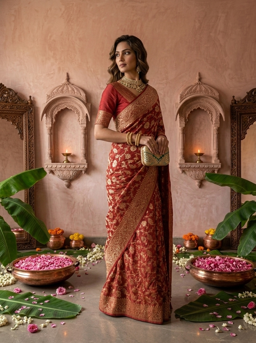 Maroon Banaras Weaved Floral Design Saree