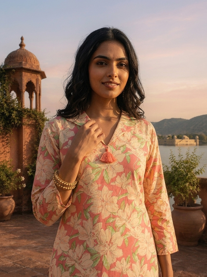 Rose Pink Cotton Lily Printed Kurta
