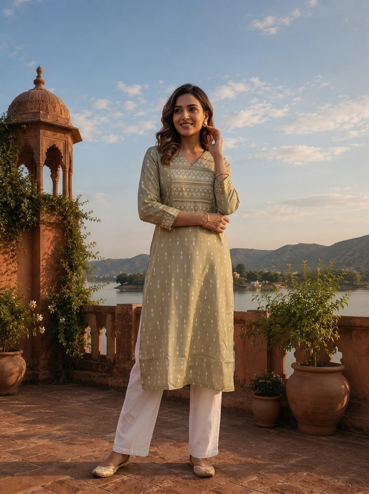 Pista Rayon Subtle Ikat Motifs Printed Kurta