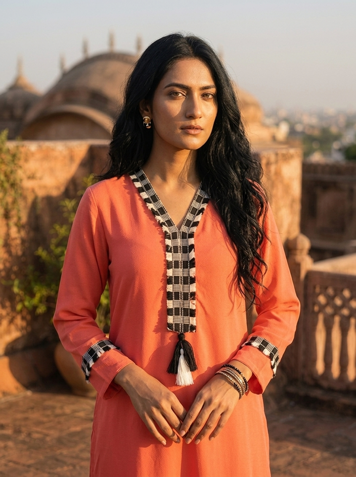 Orange Rayon Solid With Checkered Placket Kurta