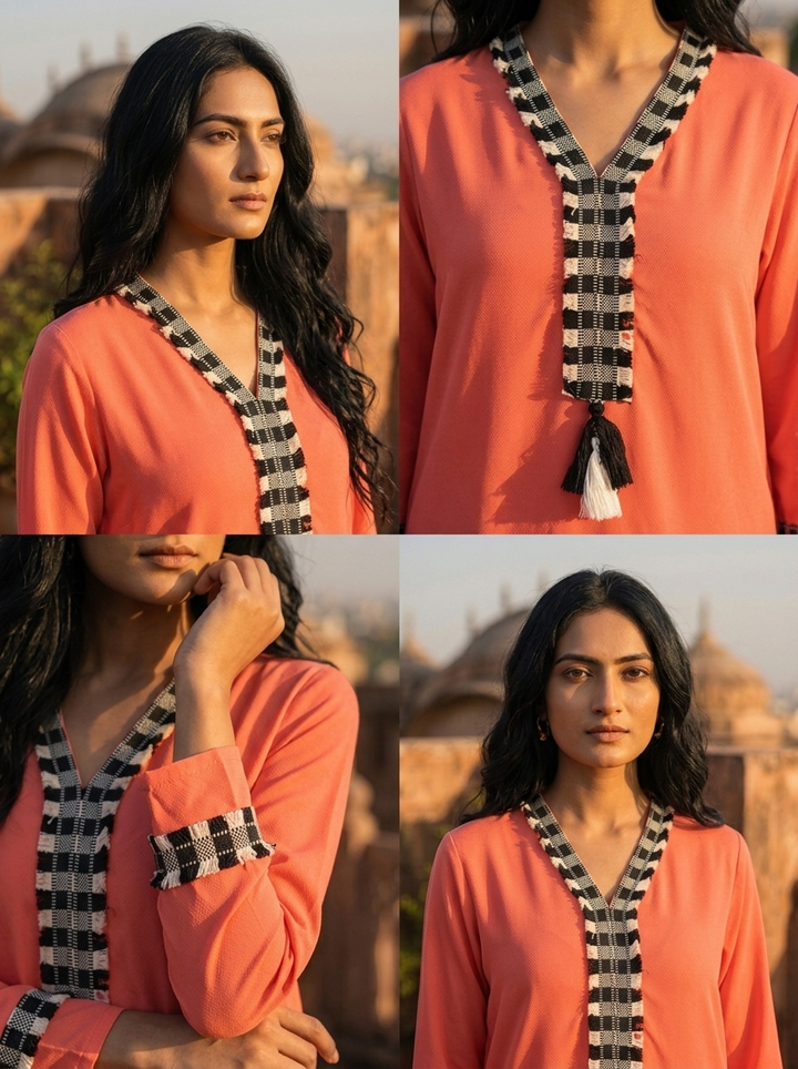 Orange Rayon Solid With Checkered Placket Kurta