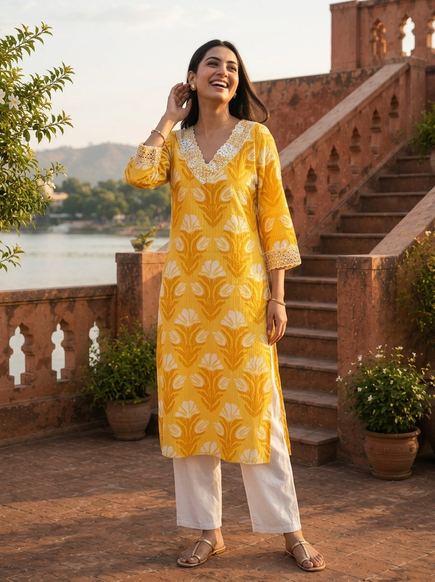 Mustard Cotton Tulip Motifs Printed Kurta