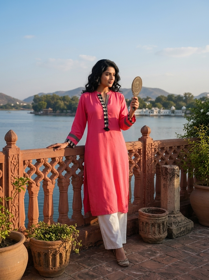 Pink Rayon Solid With Checkered Placket Kurta