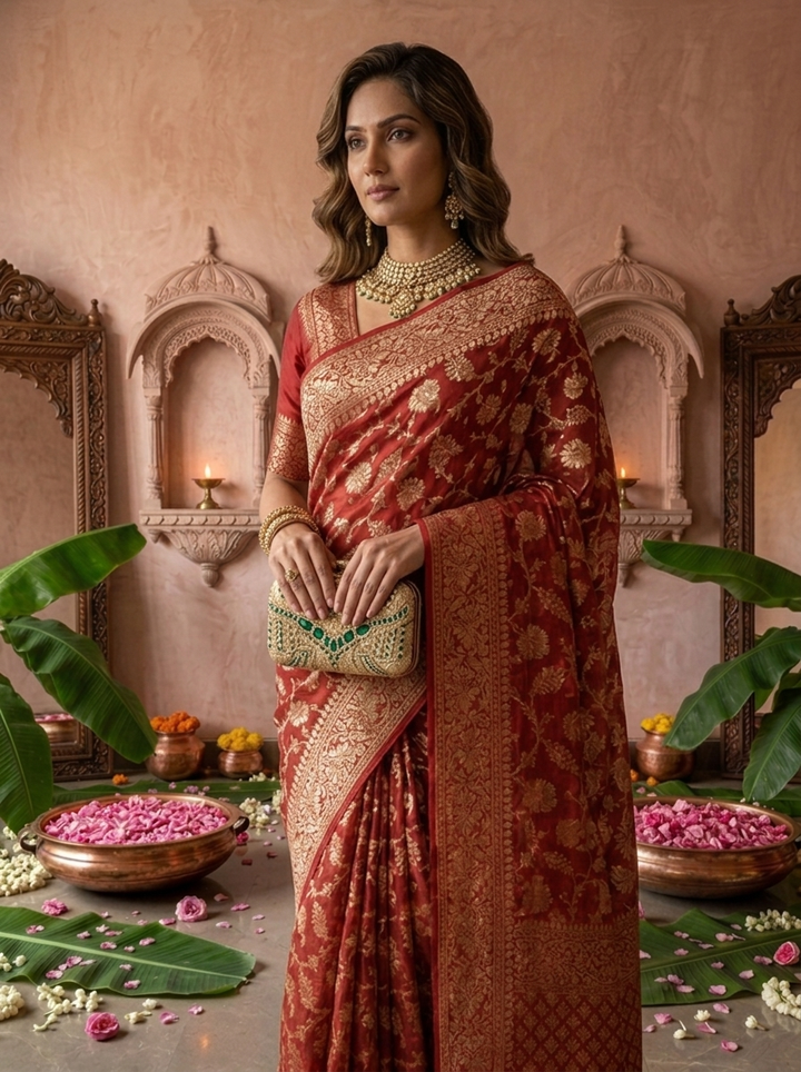 Maroon Banaras Weaved Floral Design Saree