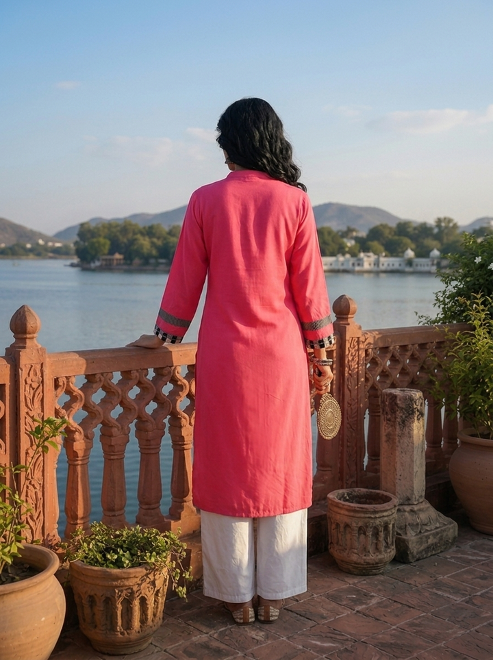 Pink Rayon Solid With Checkered Placket Kurta