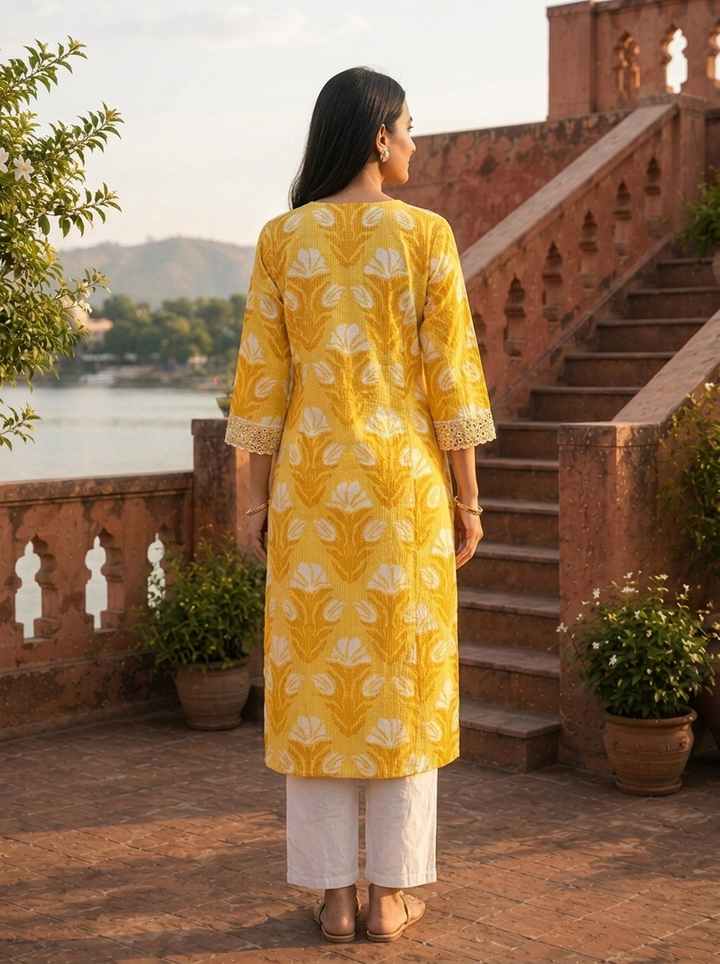 Mustard Cotton Tulip Motifs Printed Kurta