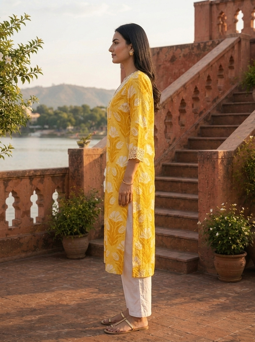 Mustard Cotton Tulip Motifs Printed Kurta