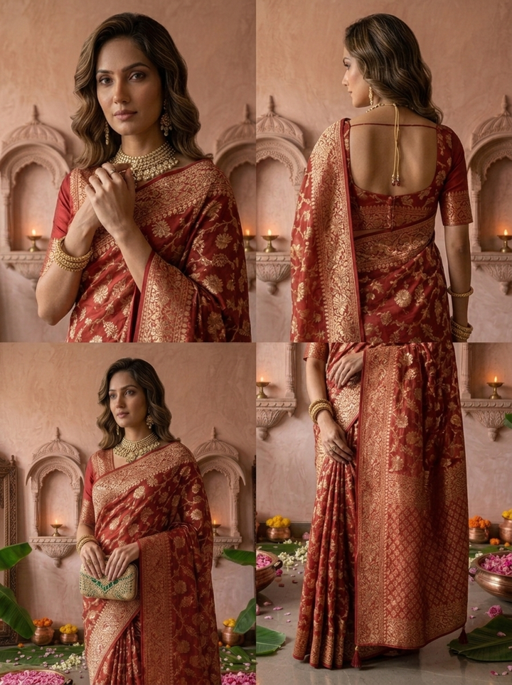Maroon Banaras Weaved Floral Design Saree