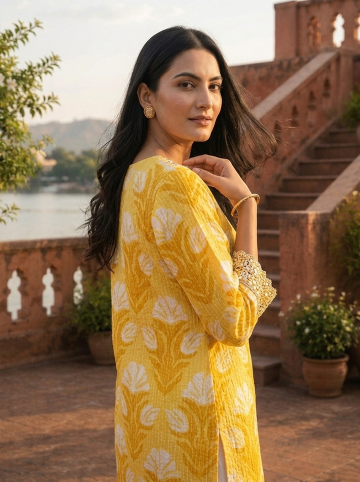 Mustard Cotton Tulip Motifs Printed Kurta