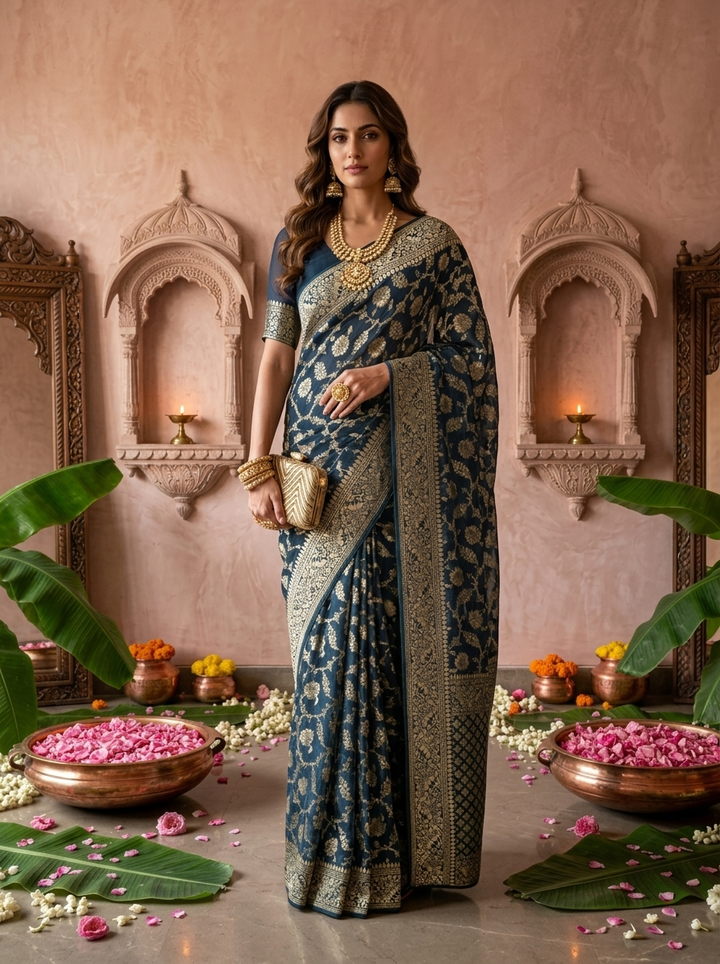 Peacock Banaras Weaved Floral Design Saree