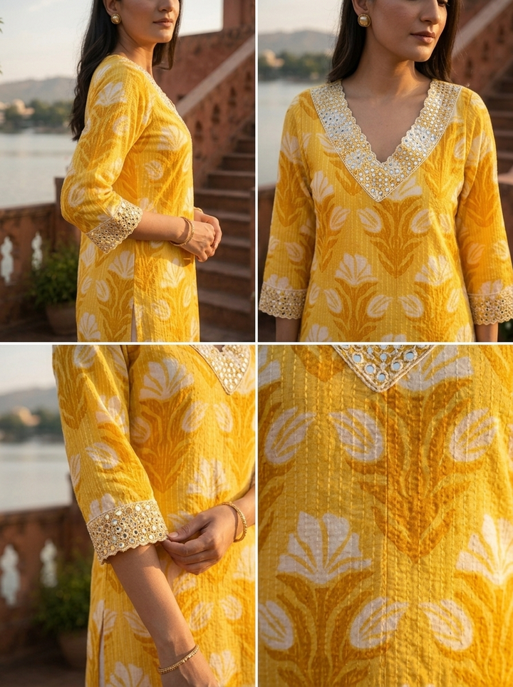 Mustard Cotton Tulip Motifs Printed Kurta