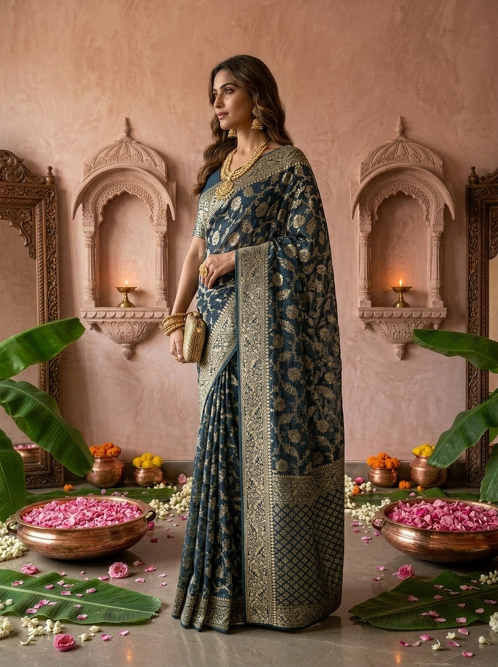 Peacock Banaras Weaved Floral Design Saree