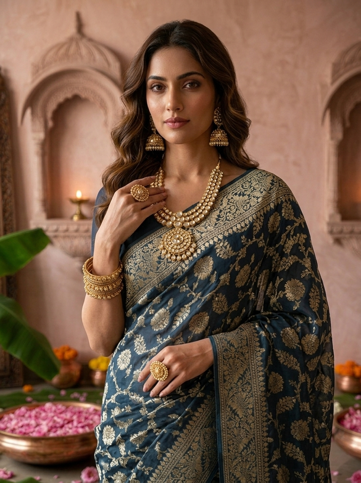 Peacock Banaras Weaved Floral Design Saree
