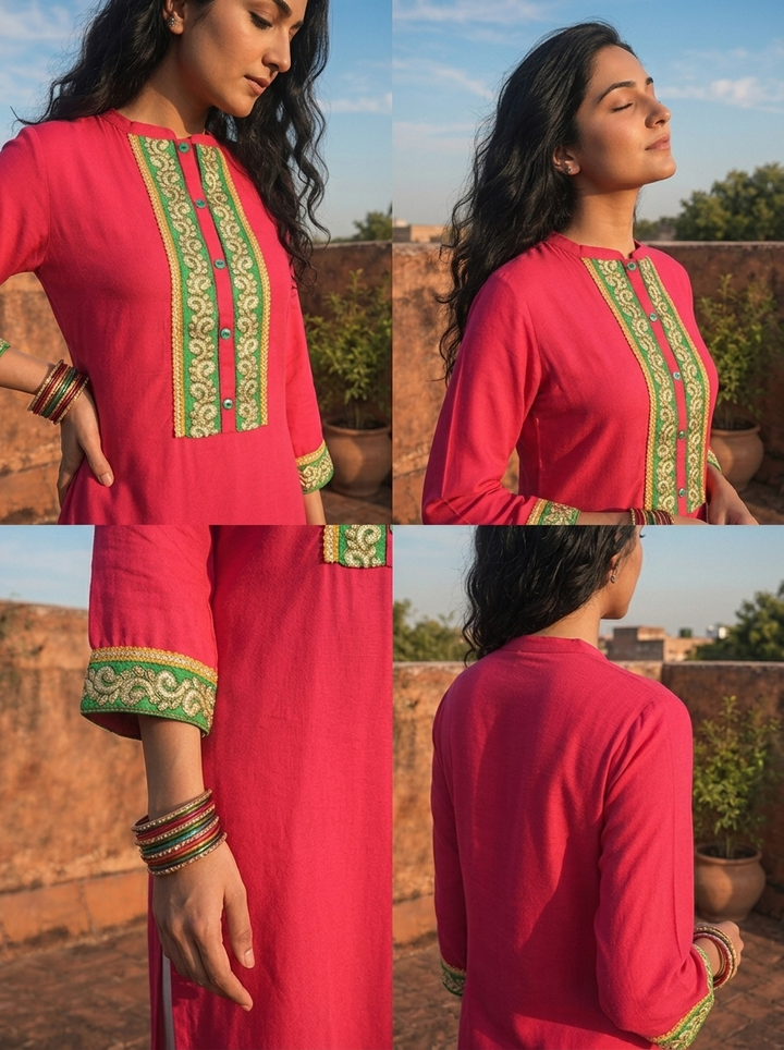 Rani Pink Rayon Gold Placket Embroidered Kurta
