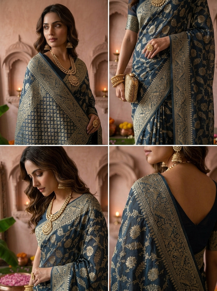 Peacock Banaras Weaved Floral Design Saree