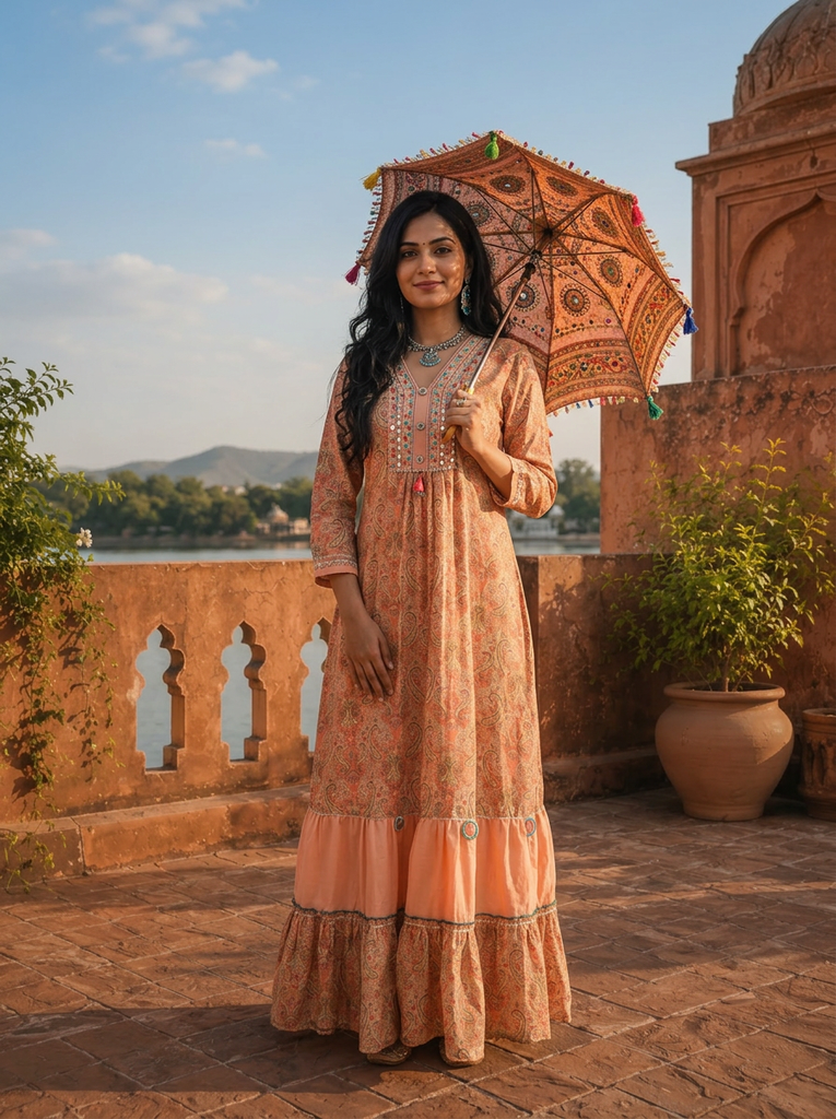 Peach Rayon Boho Ethnic Printed Dress