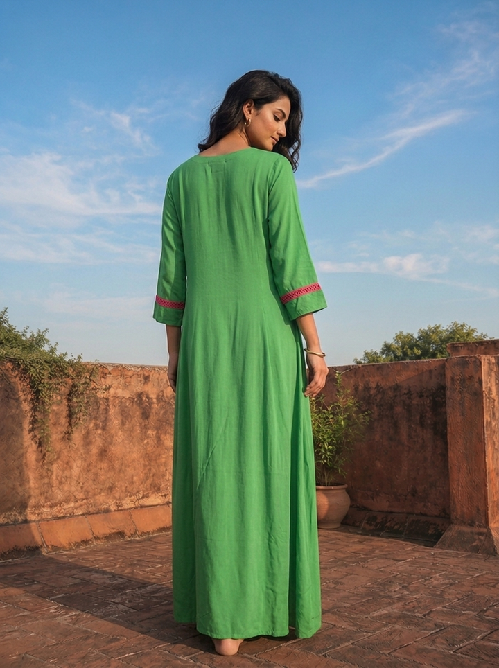 Green Crepe Contrast Floral Thread Embroidered Dress