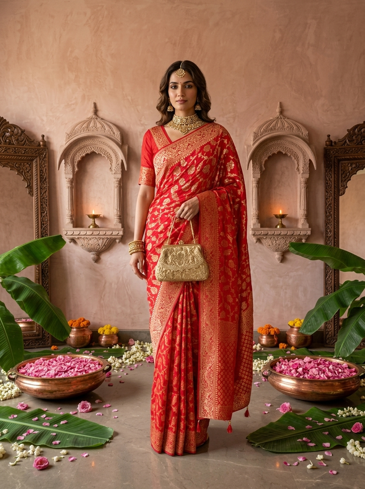 Rani Pink Banaras Weaved Floral Design Saree