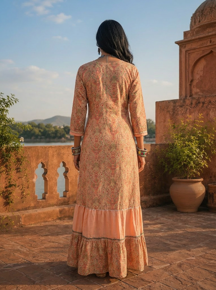 Peach Rayon Boho Ethnic Printed Dress