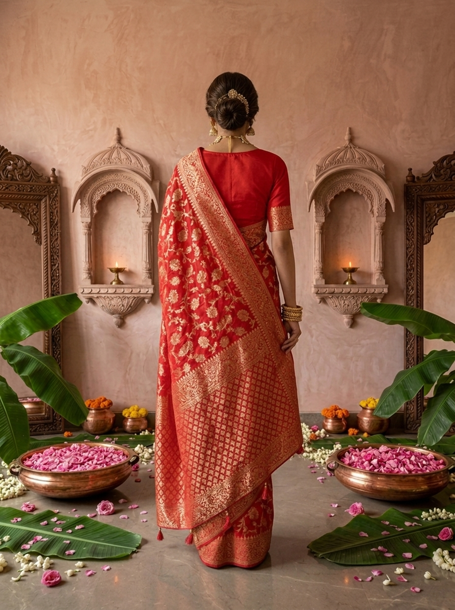Rani Pink Banaras Weaved Floral Design Saree