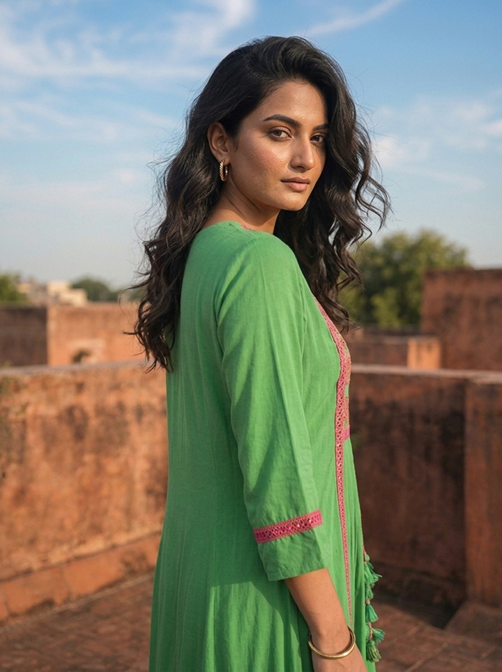 Green Crepe Contrast Floral Thread Embroidered Dress