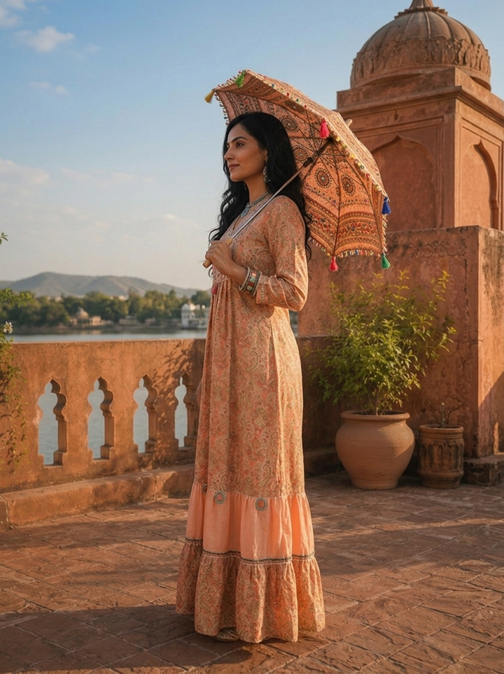 Peach Rayon Boho Ethnic Printed Dress