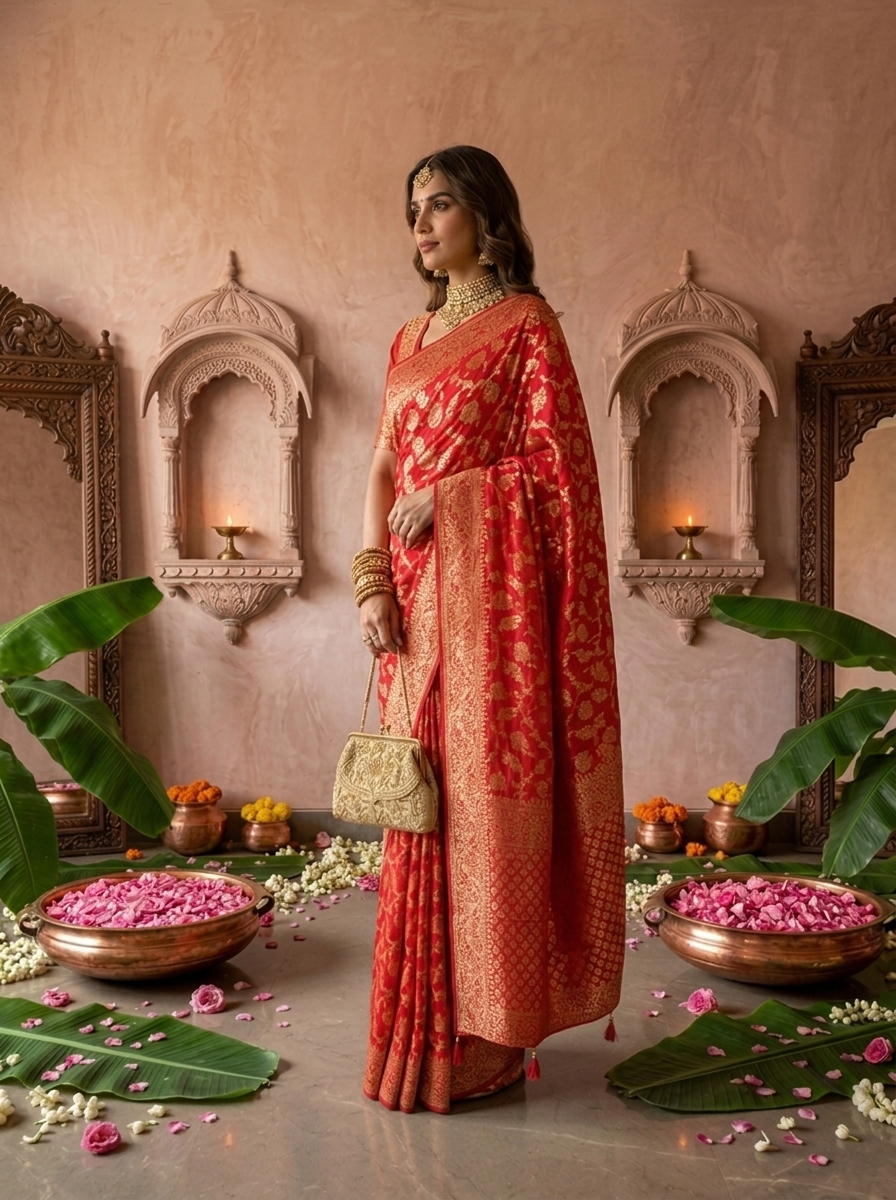 Rani Pink Banaras Weaved Floral Design Saree