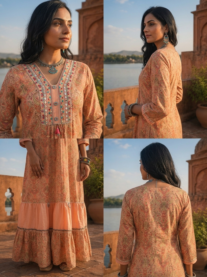 Peach Rayon Boho Ethnic Printed Dress