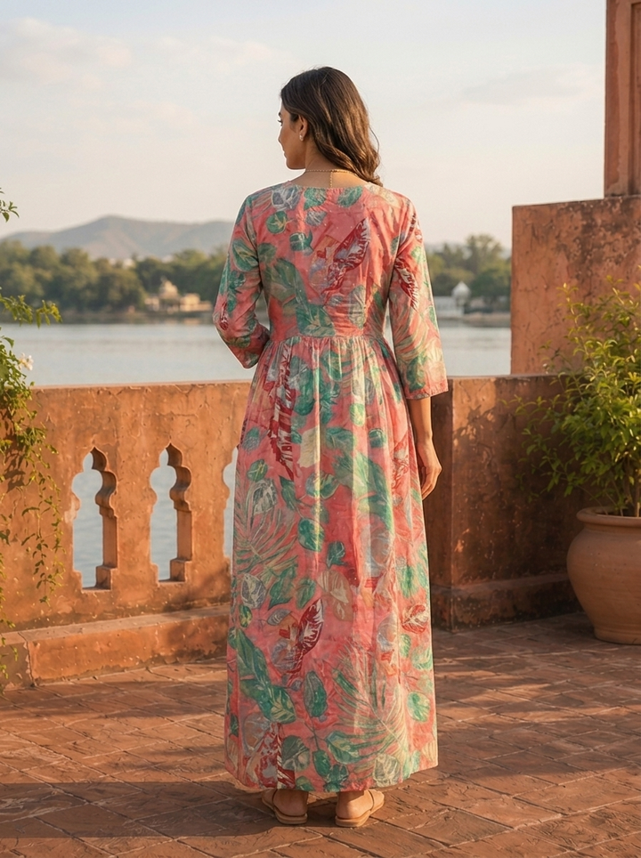 Rose Pink Cotton Monstera And Tropical Leaves Dress