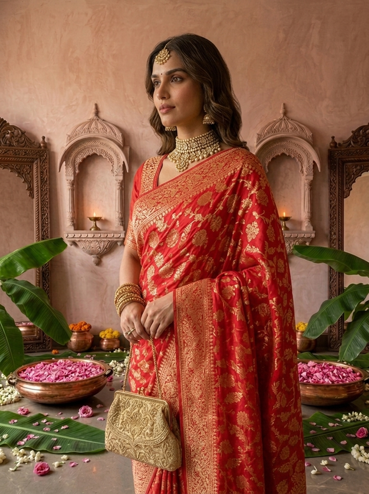 Rani Pink Banaras Weaved Floral Design Saree